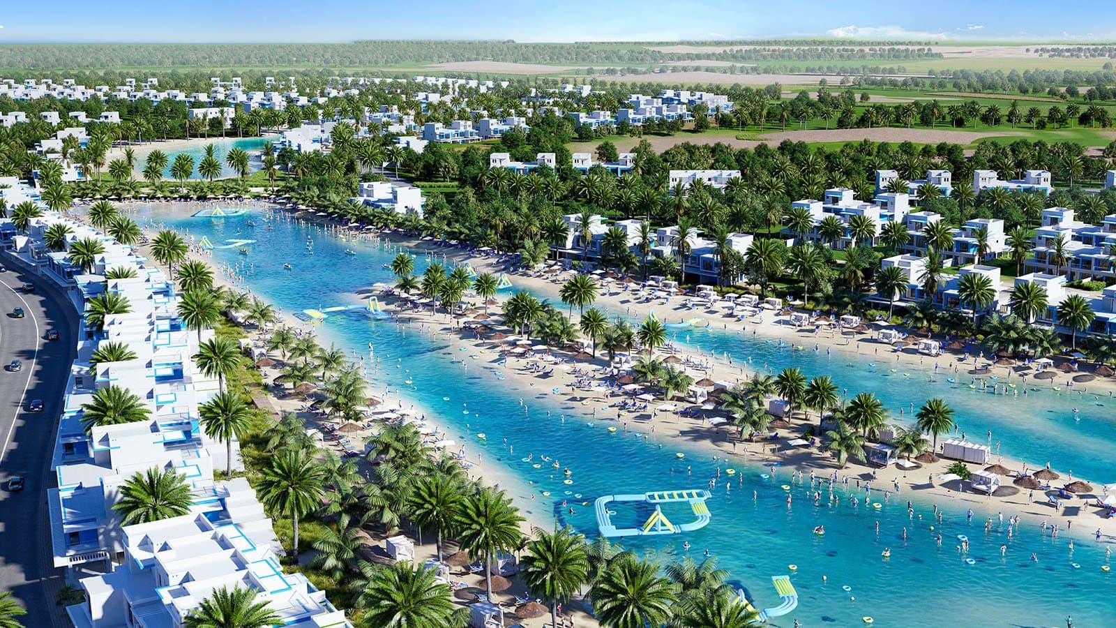 Developer rendering of DAMAC Lagoons: lagoon beaches lined with palms and townhouses