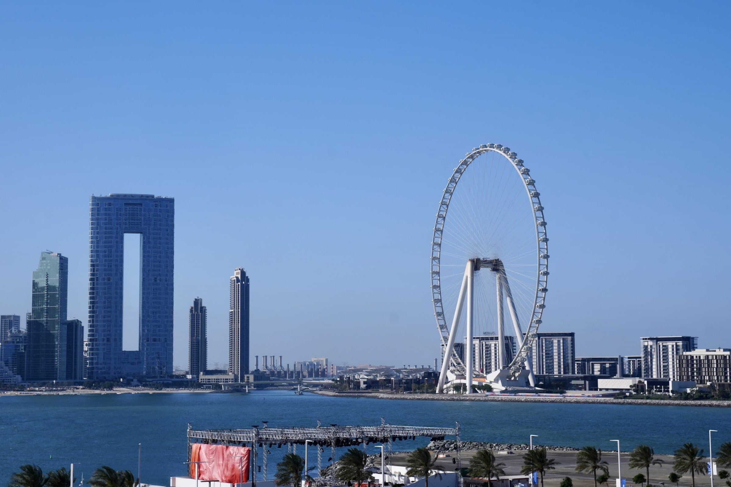 Ain Dubai observation wheel on Bluewaters Island, with the Dubai Marina and JBR towers across the water