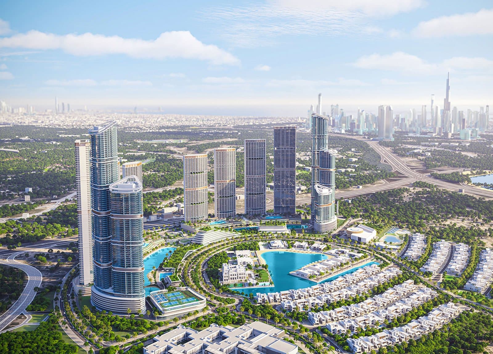 Developer rendering of Sobha Hartland: residential towers, a lagoon and townhouses with the Dubai skyline beyond